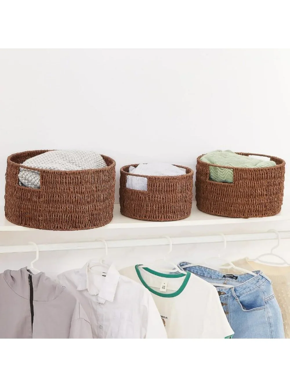 Hand-Woven Wicker Storage Baskets with Handles - Large Round Organizing Bins